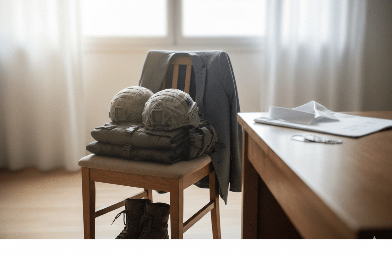 מדים של חייל מילואים מקופלים על כיסא ליד בגדים אזרחיים, עם דיסקית על השולחן - סמל לשילוב בין מילואים לאזרחות בהקשר של תביעה למשרד הביטחון.