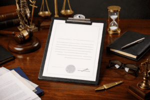 אישור הכרה בנכות משרד הביטחון על שולחן עורך דין לאחר זכייה בתביעה.